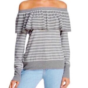 Joie Adinam Gray Stripe Print Retro Ruffle Preppy Off Shoulder Sweater Size S